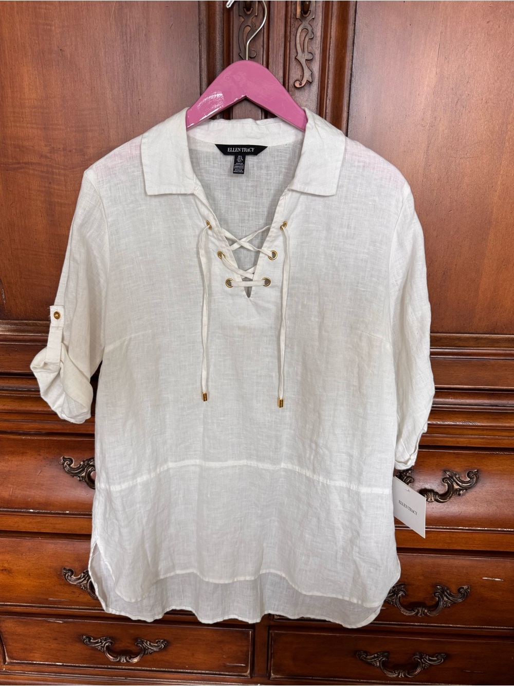 Ellen Tracy Cream Lace-Up Washable Linen Tunic with Roll-Tab Sleeves